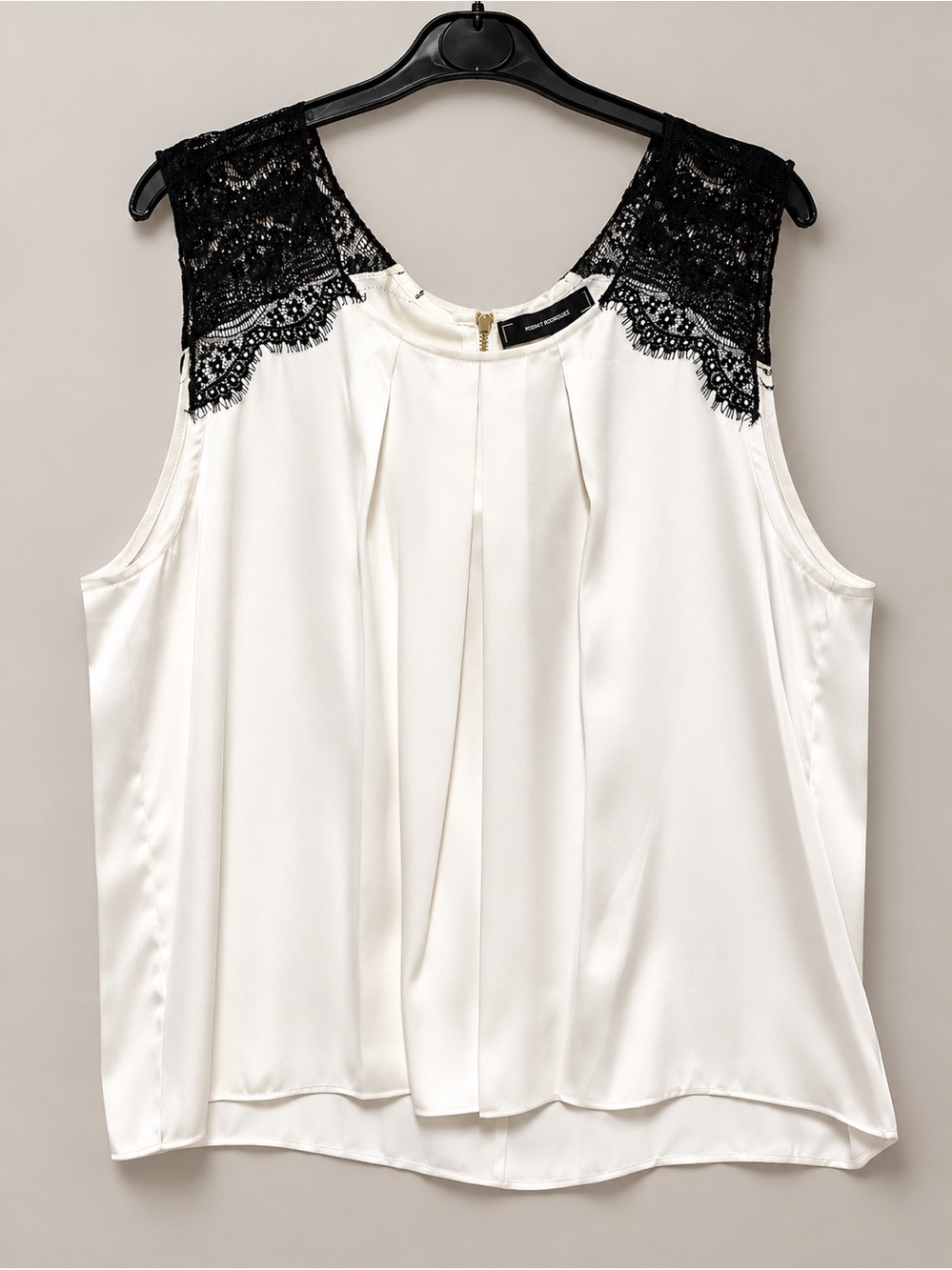 Robert Rodriguez Satin Sleeveless Blouse Top Lace Shoulder Pleated Collar XL NWT
